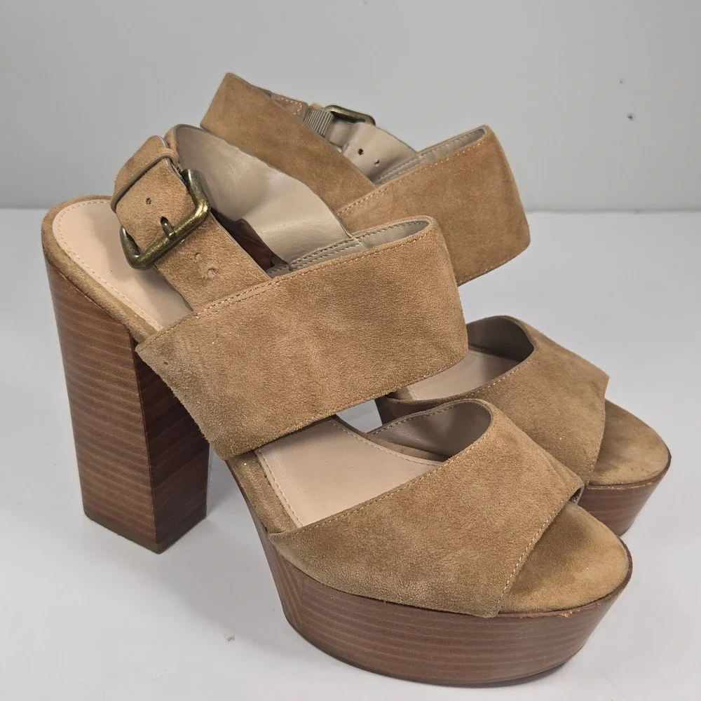 Aldo Tan Suede Platform Sandals Wood Grain Block‎ Heel Womens 7.5 Brass Buckle